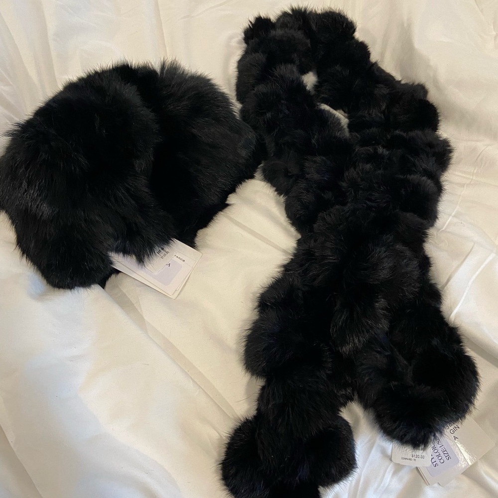Black hat & black scarf. Made with real fur. New with tags.